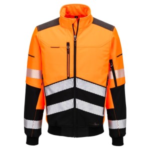 A high-visibility orange softshell jacket featuring retroreflective tape panels, suitable for a wide range of outdoor and site work applications.