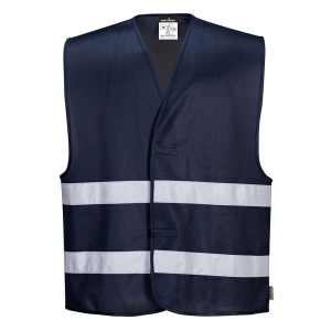 A navy blue safety vest designed for use on construction sites and in industrial work environments.,