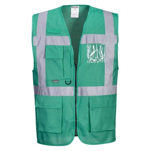 A green safety vest designed for use on construction sites and in industrial work environments.,