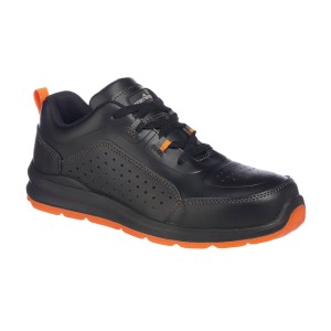 A black safety trainer with a composite toecap, a cushioned insole, and a lightweight anti-slip sole, suitable for lighter-duty site work.