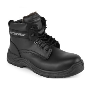 A black leather safety boot with a composite toecap and anti-slip sole, providing lightweight safety protection for site and industrial use.