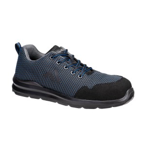 A navy blue safety trainer with a composite toecap, a cushioned insole, and a lightweight anti-slip sole, suitable for lighter-duty site work.