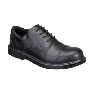 A black safety trainer with a composite toecap, a cushioned insole, and a lightweight anti-slip sole, suitable for lighter-duty site work.