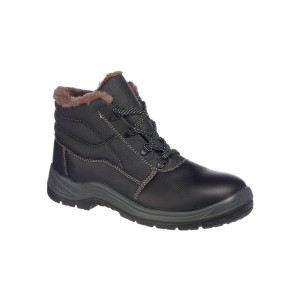 A black leather safety boot with an anti-slip sole and padded collar, designed for comfort and protection during extended site work.