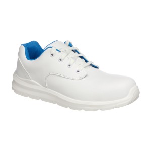 A white safety trainer with a composite toecap, a cushioned insole, and a lightweight anti-slip sole, suitable for lighter-duty site work.