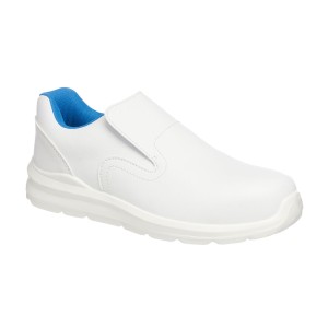A white safety trainer with a composite toecap, a cushioned insole, and a lightweight anti-slip sole, suitable for lighter-duty site work.
