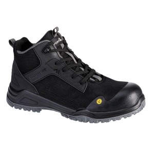 A black composite safety boot with a composite toecap and anti-slip sole, providing lightweight safety protection for site and industrial use.
