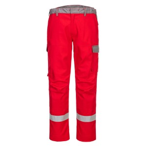 A pair of red work trousers featuring flame-resistant fabric, suitable for a wide range of outdoor and site work applications.