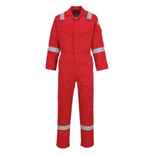 A red coverall featuring flame-resistant fabric, suitable for a wide range of outdoor and site work applications.