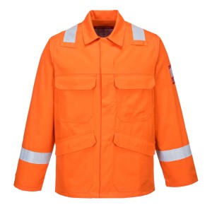 A orange jacket featuring flame-resistant fabric, suitable for a wide range of outdoor and site work applications.