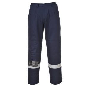 A pair of navy blue work trousers featuring flame-resistant fabric, suitable for a wide range of outdoor and site work applications.