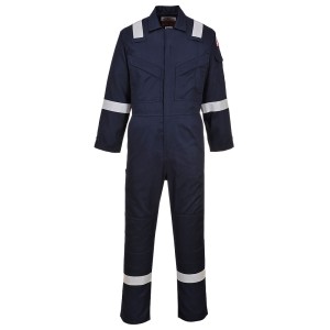 A navy blue coverall featuring flame-resistant fabric, suitable for a wide range of outdoor and site work applications.