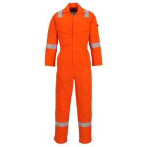 A orange coverall featuring flame-resistant fabric, suitable for a wide range of outdoor and site work applications.