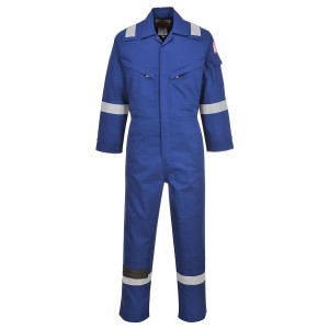 A blue coverall featuring flame-resistant fabric, suitable for a wide range of outdoor and site work applications.