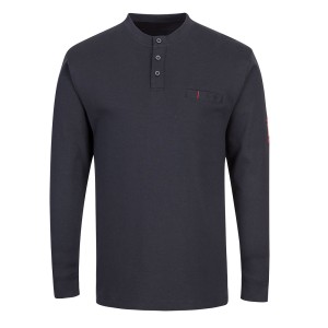 A navy blue workwear garment featuring flame-resistant fabric, suitable for a wide range of outdoor and site work applications.