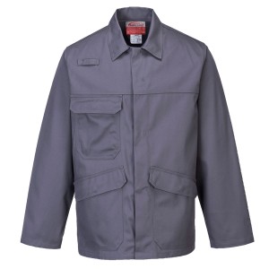 A grey jacket featuring flame-resistant fabric, suitable for a wide range of outdoor and site work applications.