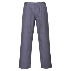 A pair of grey work trousers featuring flame-resistant fabric, suitable for a wide range of outdoor and site work applications.