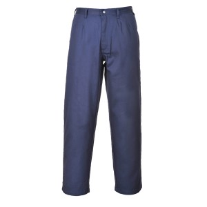 A pair of navy blue work trousers featuring flame-resistant fabric, suitable for a wide range of outdoor and site work applications.