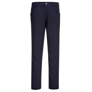 A pair of navy blue work trousers featuring stretch panels for ease of movement, flame-resistant fabric, suitable for a wide range of outdoor and site work applications.
