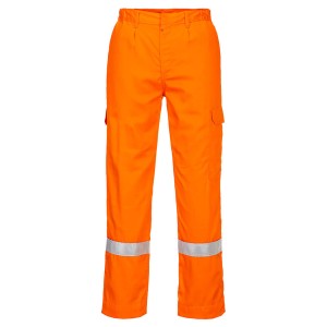 A pair of orange work trousers featuring flame-resistant fabric, suitable for a wide range of outdoor and site work applications.