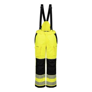 A pair of high-visibility yellow trousers featuring retroreflective tape panels, flame-resistant fabric, suitable for a wide range of outdoor and site work applications.