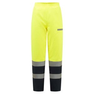 A pair of high-visibility yellow trousers featuring retroreflective tape panels, flame-resistant fabric, suitable for a wide range of outdoor and site work applications.