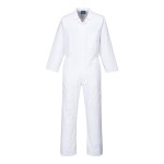 A white coverall designed for use on construction sites and in industrial work environments.,