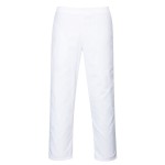A pair of white work trousers designed for use on construction sites and in industrial work environments.,