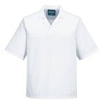 A white work shirt designed for use on construction sites and in industrial work environments.,