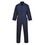 A navy blue coverall designed for use on construction sites and in industrial work environments.,