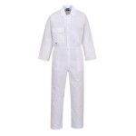 A white coverall designed for use on construction sites and in industrial work environments.,