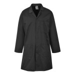 A black jacket designed for use on construction sites and in industrial work environments.,