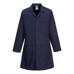 A navy blue jacket designed for use on construction sites and in industrial work environments.,