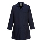A navy blue jacket designed for use on construction sites and in industrial work environments.,