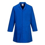 A blue jacket designed for use on construction sites and in industrial work environments.,