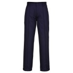 A pair of navy blue work trousers designed for use on construction sites and in industrial work environments.,