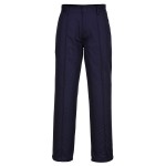 A pair of navy blue work trousers designed for use on construction sites and in industrial work environments.,