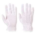 A pair of white work gloves with a textured grip palm and adjustable wrist closure, designed for general site use.