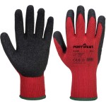 A pair of red disposable nitrile gloves with a textured fingertip for grip, offering protection against chemicals and contaminants.
