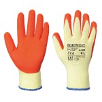 A pair of orange disposable nitrile gloves with a textured fingertip for grip, offering protection against chemicals and contaminants.