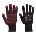 A pair of black work gloves with a textured grip palm and adjustable wrist closure, designed for general site use.