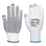 A pair of white work gloves with a textured grip palm and adjustable wrist closure, designed for general site use.