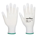 A pair of white work gloves with a textured grip palm and adjustable wrist closure, designed for general site use.