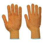 A pair of orange work gloves with a textured grip palm and adjustable wrist closure, designed for general site use.