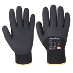 A pair of black disposable nitrile gloves with a textured fingertip for grip, offering protection against chemicals and contaminants.