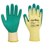 A pair of green disposable nitrile gloves with a textured fingertip for grip, offering protection against chemicals and contaminants.