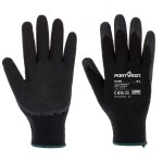 A pair of black disposable nitrile gloves with a textured fingertip for grip, offering protection against chemicals and contaminants.
