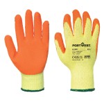 A pair of orange disposable nitrile gloves with a textured fingertip for grip, offering protection against chemicals and contaminants.