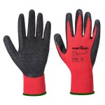 A pair of red disposable nitrile gloves with a textured fingertip for grip, offering protection against chemicals and contaminants.