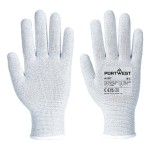 A pair of grey work gloves with a textured grip palm and adjustable wrist closure, designed for general site use.